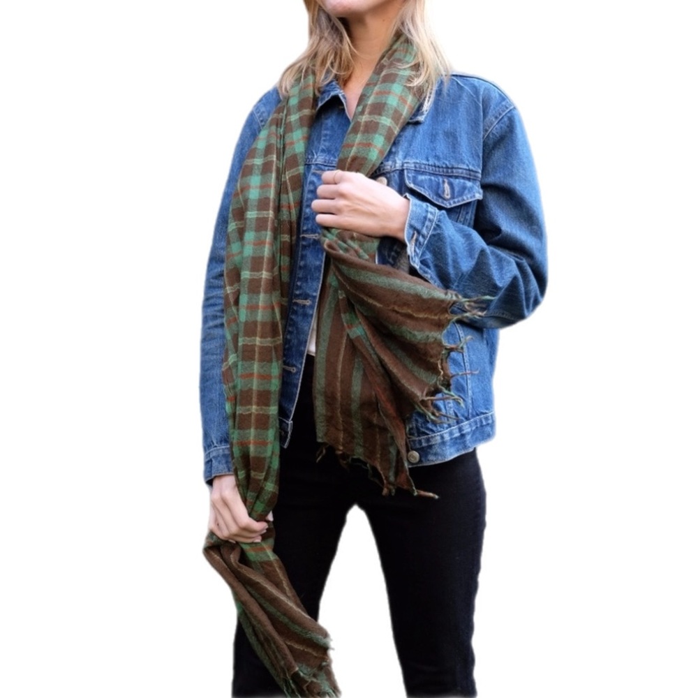 Vintage Plaid Green Red Brown Yellow Long Wool Fringed Scarf - Picture 2 of 13